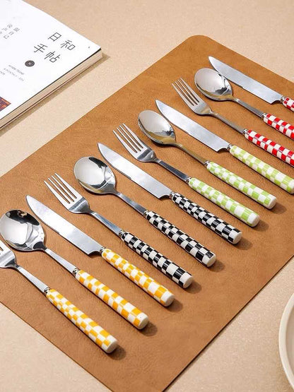 Modern Checkered Flatware Set – 6-Pack Stainless Steel Silverware