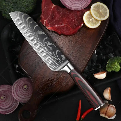 Professional Japanese Santoku Chef Knife with Wooden Handle