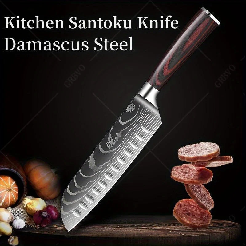 Professional Japanese Santoku Chef Knife with Wooden Handle